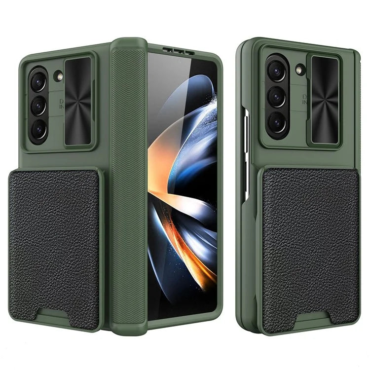 For Samsung Galaxy Z Fold5 5G Case Sliding Lens Lid Phone Cover with Screen Film, Detachable Card Holder