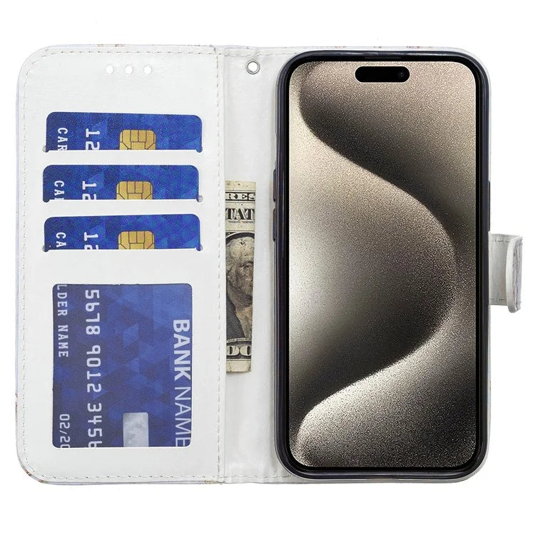 For iPhone 15 Pro Max Phone Case PU Leather Stand Pattern Printing Cover