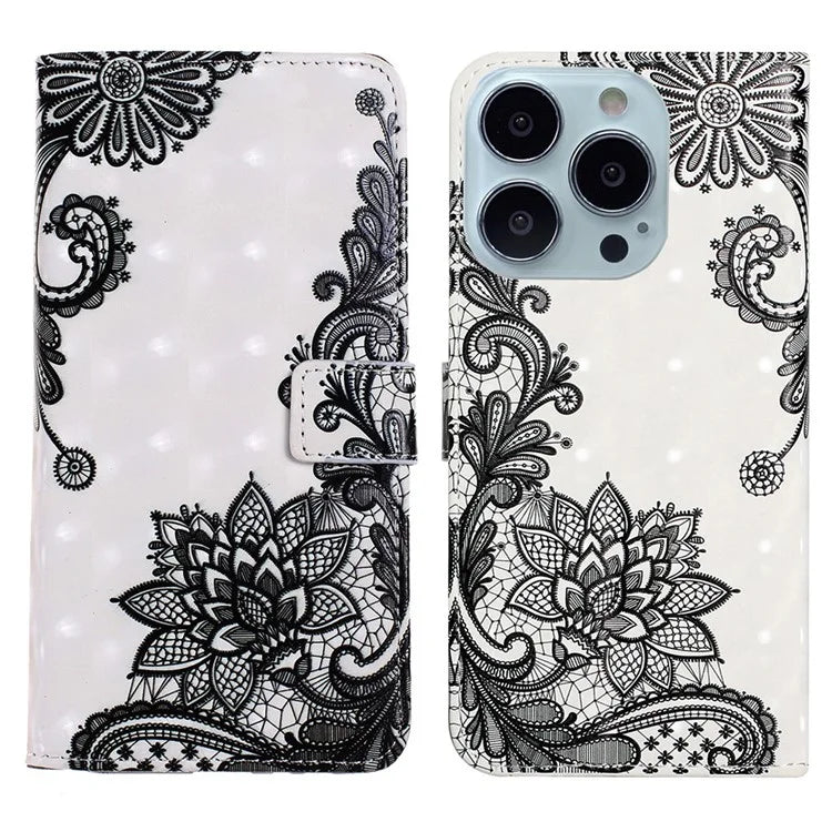 For iPhone 15 Pro Max Phone Case PU Leather Stand Pattern Printing Cover