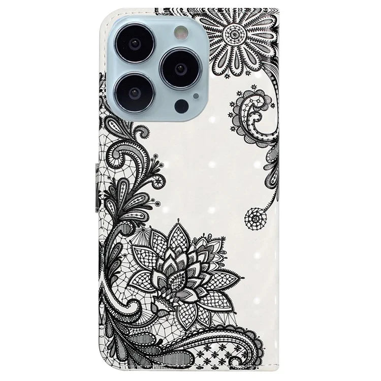 For iPhone 15 Pro Max Phone Case PU Leather Stand Pattern Printing Cover