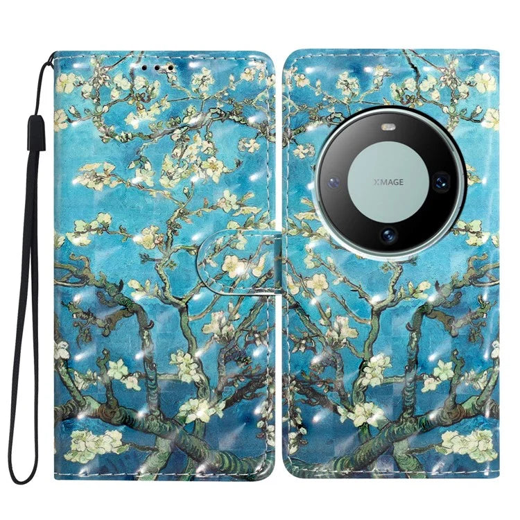 For Huawei Mate 60 Case PU Leather 3D Pattern Design Magnetic Folio Phone Cover