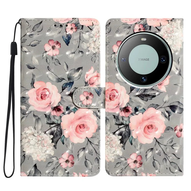 For Huawei Mate 60 Case PU Leather 3D Pattern Design Magnetic Folio Phone Cover