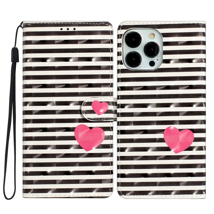 For iPhone 15 Pro Max Wallet Phone Case 3D Pattern PU Leather Magnetic Protective Cover