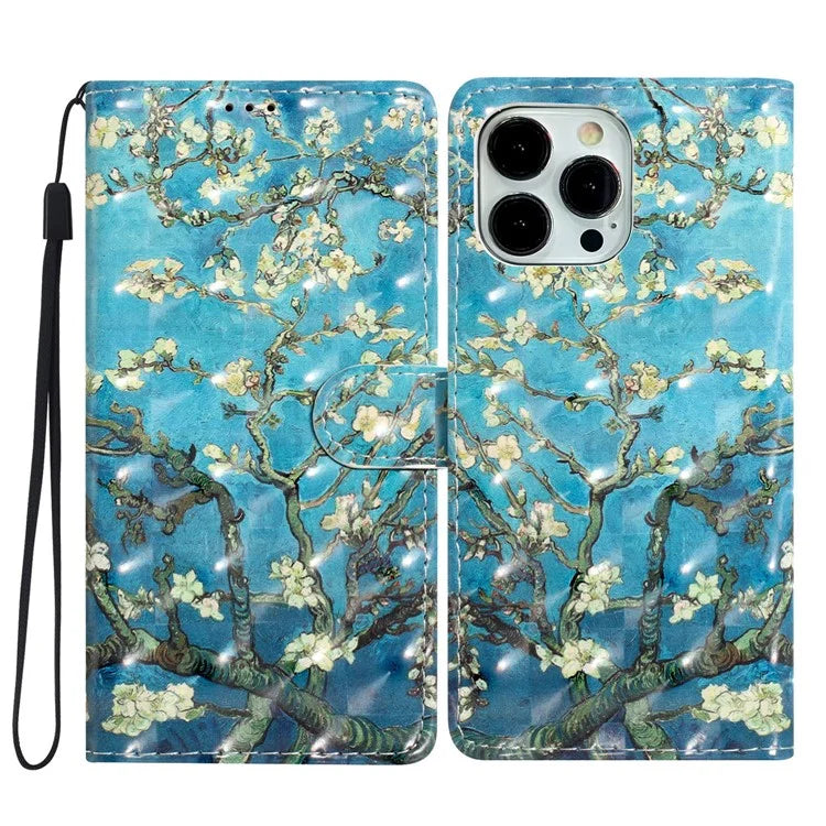 For iPhone 15 Pro Stand Cover 3D Pattern Printing PU Leather Phone Case