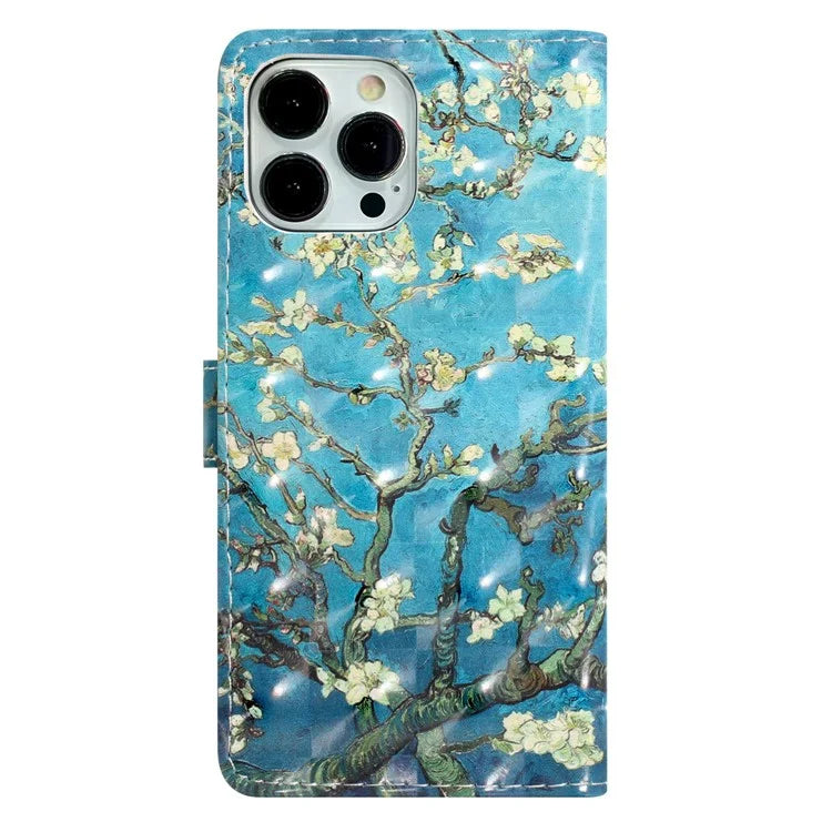 For iPhone 15 Pro Stand Cover 3D Pattern Printing PU Leather Phone Case