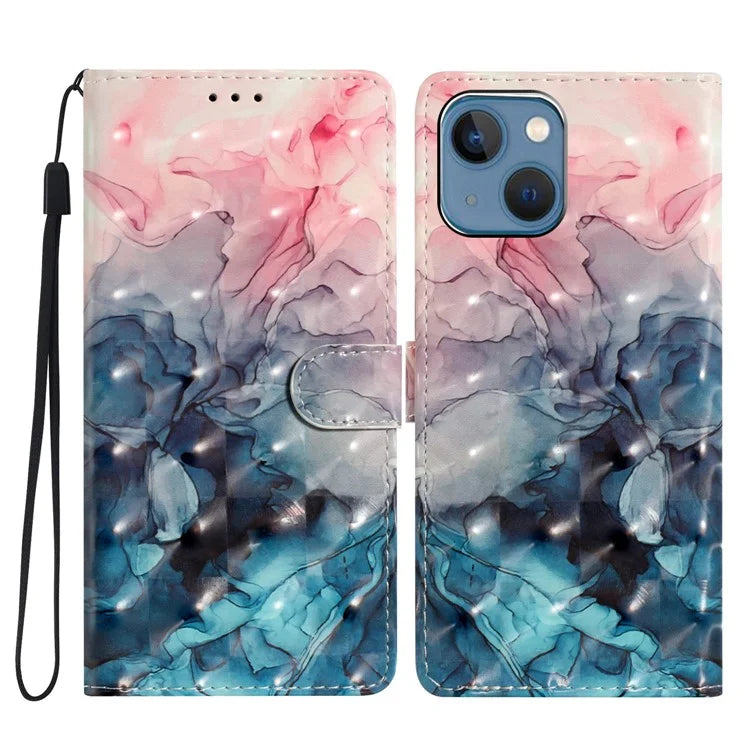 For iPhone 15 PU Leather Case 3D Pattern Printing Wallet Flip Phone Cover