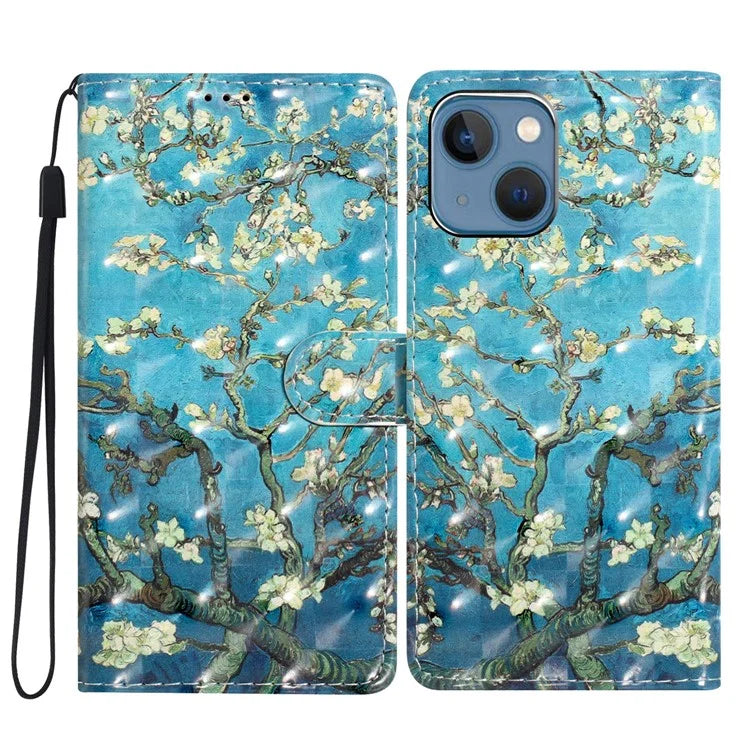 For iPhone 15 PU Leather Case 3D Pattern Printing Wallet Flip Phone Cover