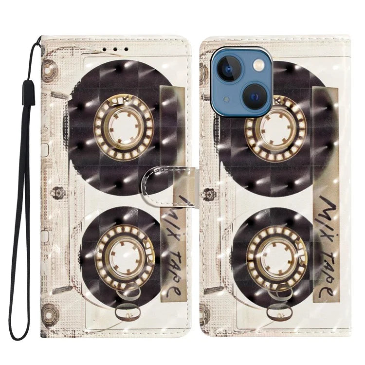 For iPhone 15 PU Leather Case 3D Pattern Printing Wallet Flip Phone Cover