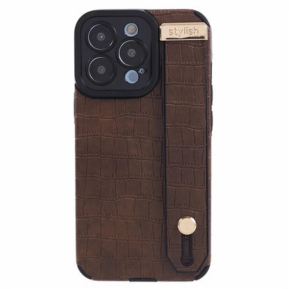 For iPhone 13 Pro Max Case Crocodile Texture Wristband Shell PU Leather+TPU Phone Cover