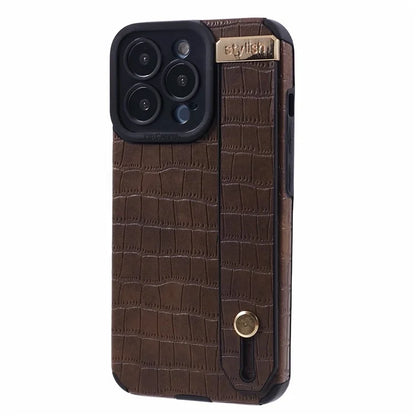 For iPhone 13 Pro Max Case Crocodile Texture Wristband Shell PU Leather+TPU Phone Cover