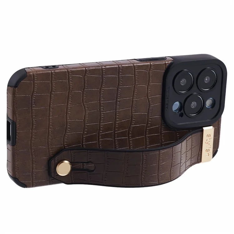 For iPhone 13 Pro Max Case Crocodile Texture Wristband Shell PU Leather+TPU Phone Cover