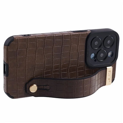 For iPhone 13 Pro Max Case Crocodile Texture Wristband Shell PU Leather+TPU Phone Cover