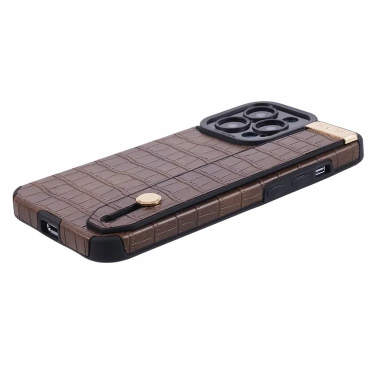 For iPhone 13 Pro Max Case Crocodile Texture Wristband Shell PU Leather+TPU Phone Cover