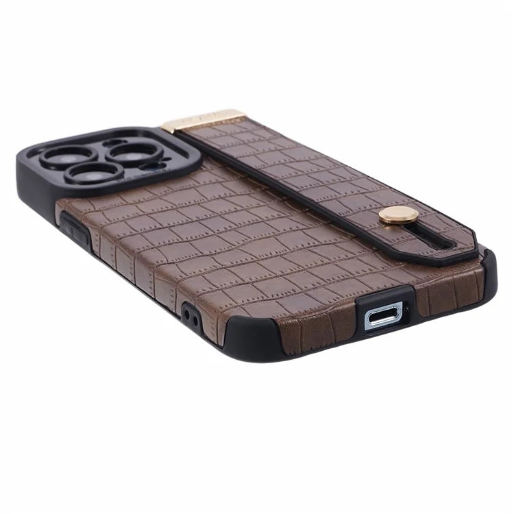 For iPhone 13 Pro Max Case Crocodile Texture Wristband Shell PU Leather+TPU Phone Cover