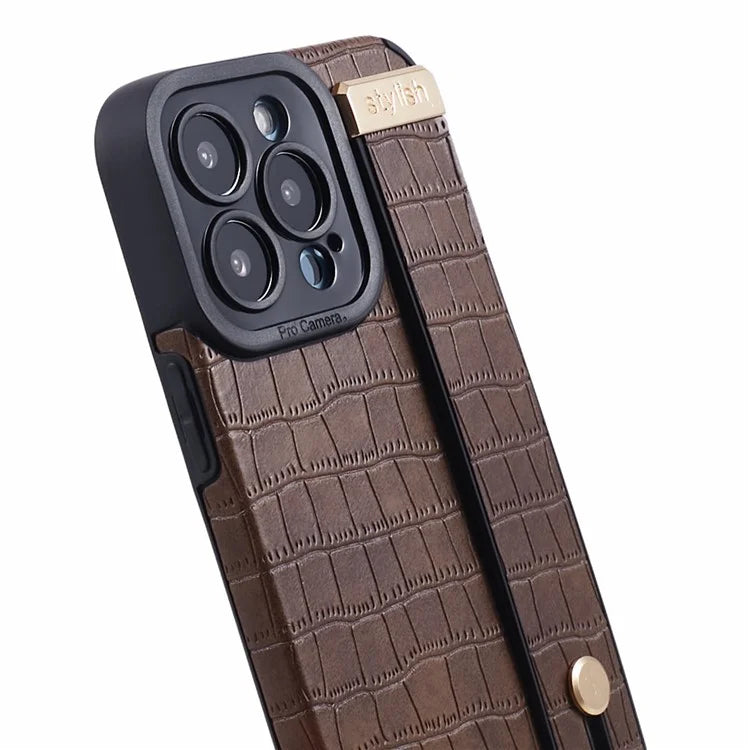 For iPhone 13 Pro Max Case Crocodile Texture Wristband Shell PU Leather+TPU Phone Cover