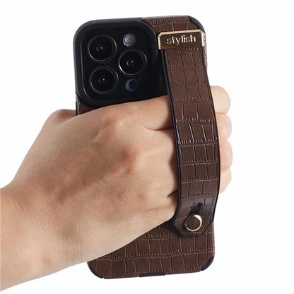 For iPhone 13 Pro Max Case Crocodile Texture Wristband Shell PU Leather+TPU Phone Cover