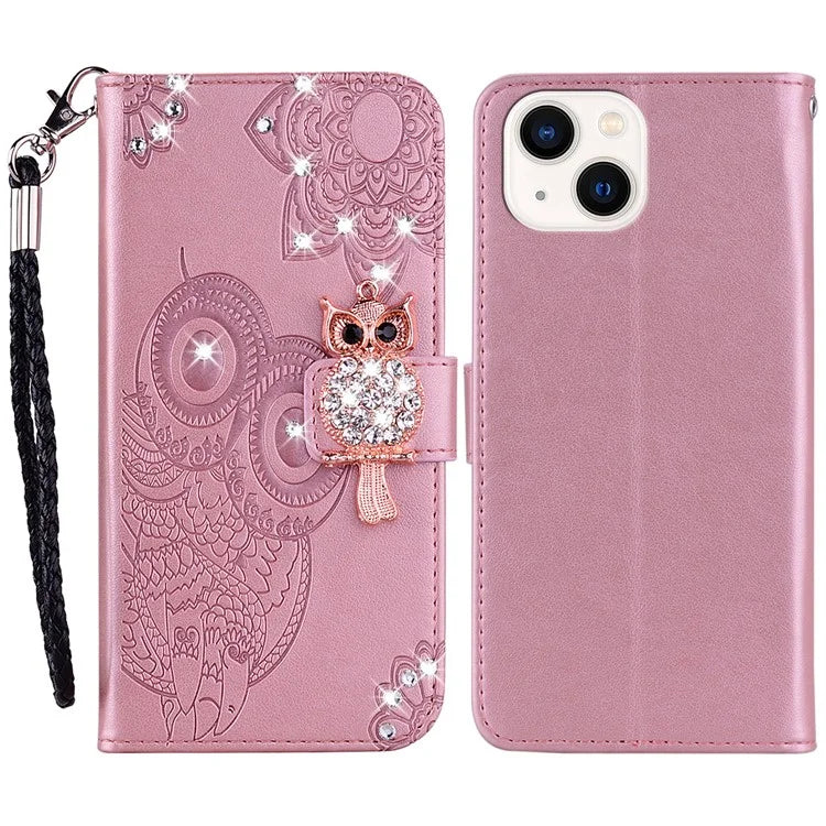 For iPhone 15 Plus Case Rhinestone Decor Imprinted Leather Phone Cover with Stand Wallet