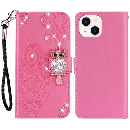 For iPhone 15 Plus Case Rhinestone Decor Imprinted Leather Phone Cover with Stand Wallet
