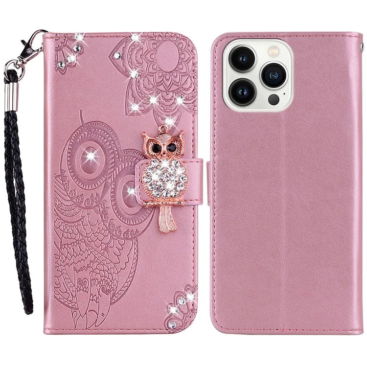 For iPhone 15 Pro Case Rhinestone Owl Imprinted PU Leather Stand Wallet Phone Shell Gold