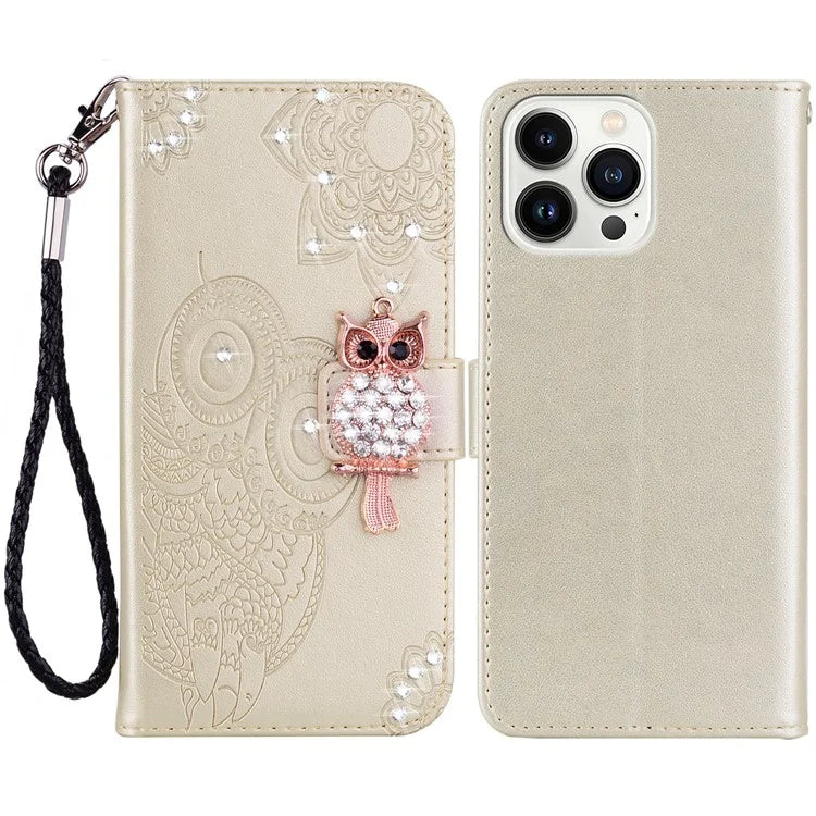 For iPhone 15 Pro Case Rhinestone Owl Imprinted PU Leather Stand Wallet Phone Shell