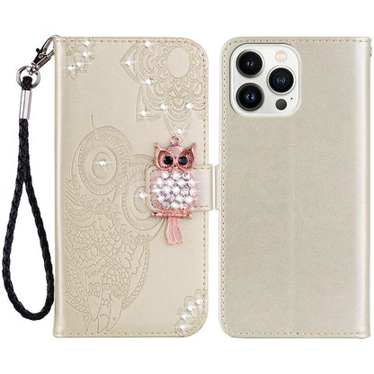 For iPhone 15 Pro Case Rhinestone Owl Imprinted PU Leather Stand Wallet Phone Shell