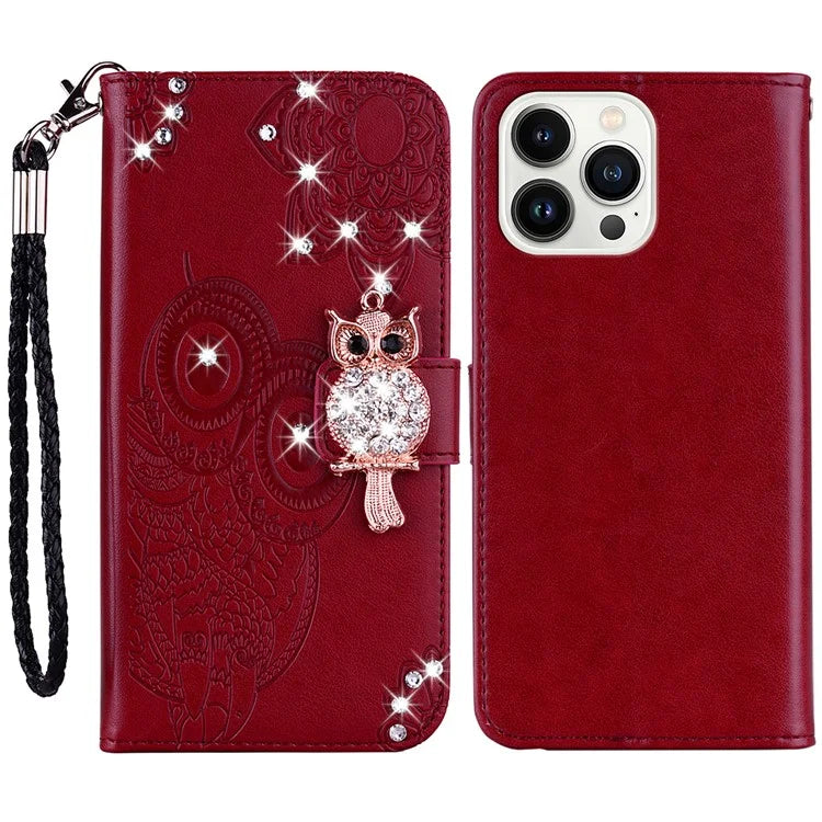 For iPhone 15 Pro Case Rhinestone Owl Imprinted PU Leather Stand Wallet Phone Shell