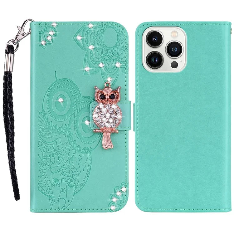 For iPhone 15 Pro Max Leather Case Rhinestone Decor Owl Pattern Phone Stand Wallet Cover