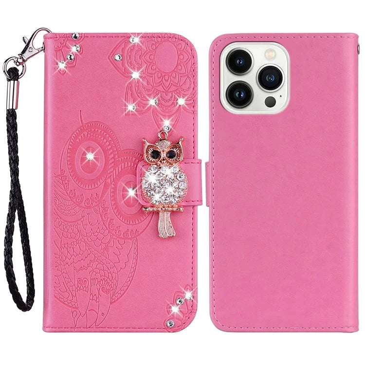 For iPhone 15 Pro Max Leather Case Rhinestone Decor Owl Pattern Phone Stand Wallet Cover
