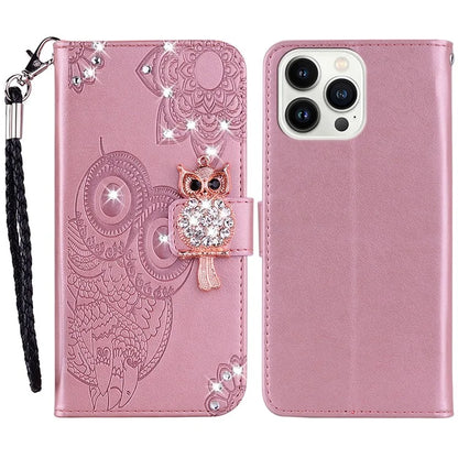 For iPhone 15 Pro Max Leather Case Rhinestone Decor Owl Pattern Phone Stand Wallet Cover Gold