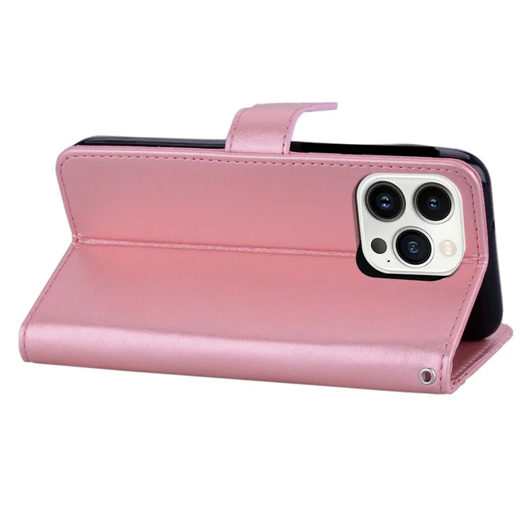 For iPhone 15 Pro Max Leather Case Rhinestone Decor Owl Pattern Phone Stand Wallet Cover Gold
