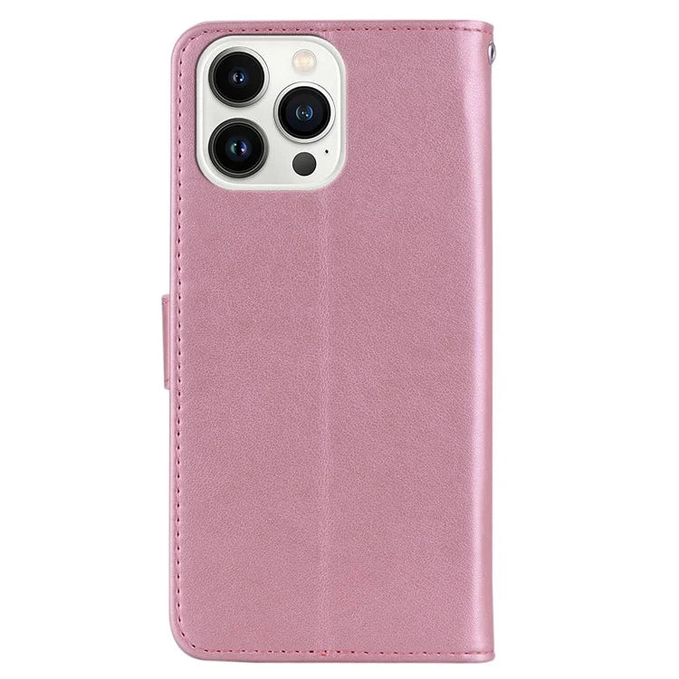 For iPhone 15 Pro Max Leather Case Rhinestone Decor Owl Pattern Phone Stand Wallet Cover Gold