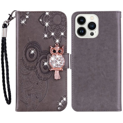 For iPhone 15 Pro Max Leather Case Rhinestone Decor Owl Pattern Phone Stand Wallet Cover