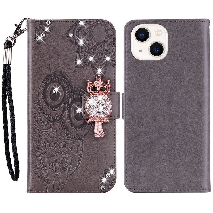 For iPhone 15 Case Imprinted Owl Flower Rhinestone PU Leather Phone Wallet Cover