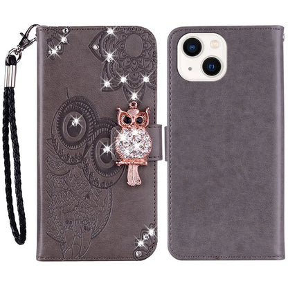 For iPhone 15 Case Imprinted Owl Flower Rhinestone PU Leather Phone Wallet Cover
