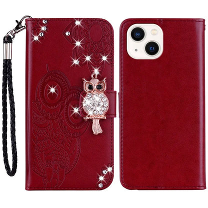 For iPhone 15 Case Imprinted Owl Flower Rhinestone PU Leather Phone Wallet Cover