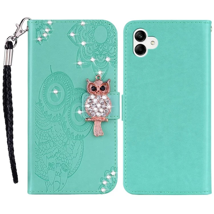 For Samsung Galaxy A05 4G Case Rhinestone Decor Owl Pattern Leather Phone Wallet Cover