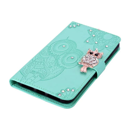 For Samsung Galaxy A05 4G Case Rhinestone Decor Owl Pattern Leather Phone Wallet Cover