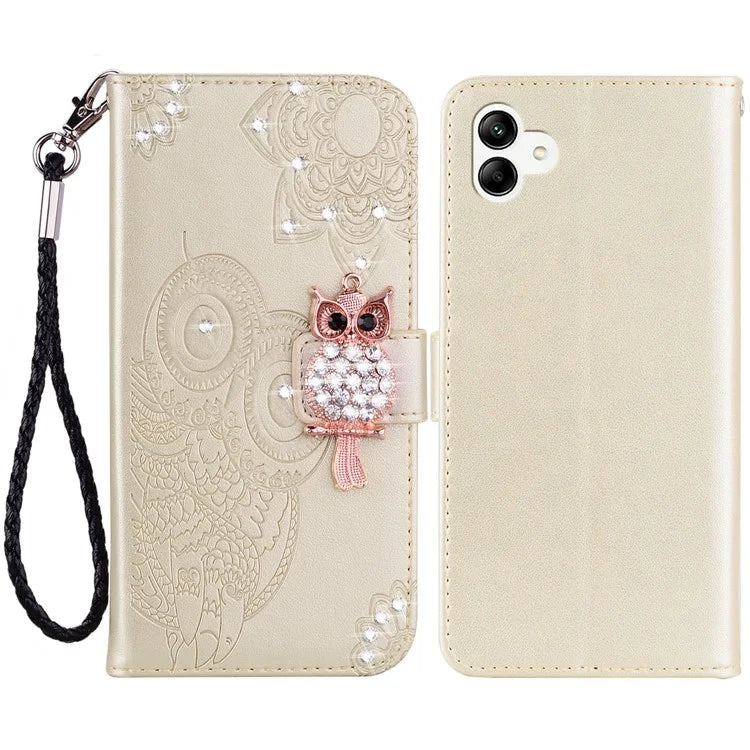 For Samsung Galaxy A05 4G Case Rhinestone Decor Owl Pattern Leather Phone Wallet Cover