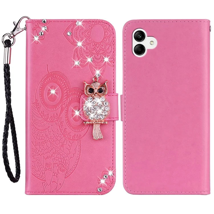 For Samsung Galaxy A05 4G Case Rhinestone Decor Owl Pattern Leather Phone Wallet Cover