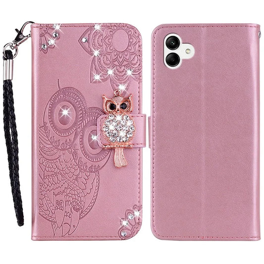 For Samsung Galaxy A05 4G Case Rhinestone Decor Owl Pattern Leather Phone Wallet Cover Gold