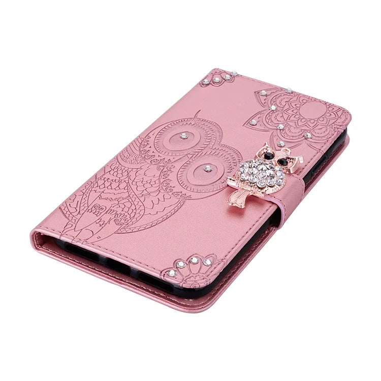 For Samsung Galaxy A05 4G Case Rhinestone Decor Owl Pattern Leather Phone Wallet Cover Gold