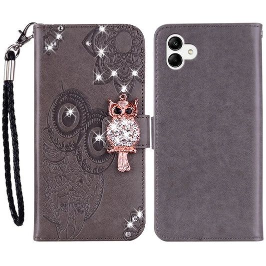 For Samsung Galaxy A05 4G Case Rhinestone Decor Owl Pattern Leather Phone Wallet Cover