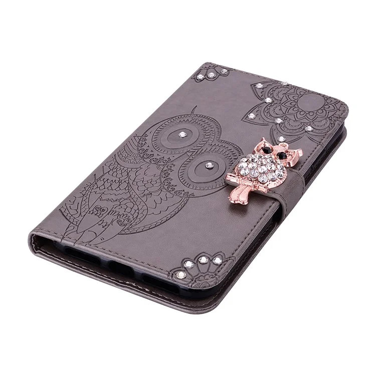 For Samsung Galaxy A05 4G Case Rhinestone Decor Owl Pattern Leather Phone Wallet Cover