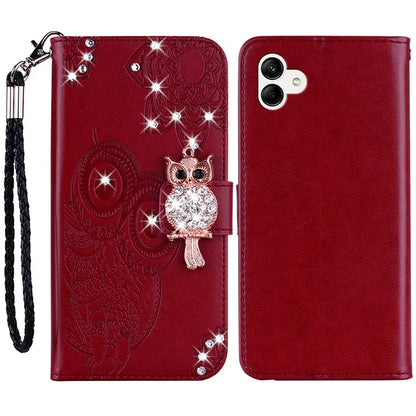For Samsung Galaxy A05 4G Case Rhinestone Decor Owl Pattern Leather Phone Wallet Cover