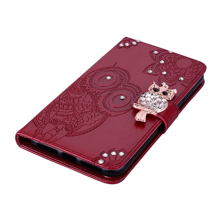 For Samsung Galaxy A05 4G Case Rhinestone Decor Owl Pattern Leather Phone Wallet Cover