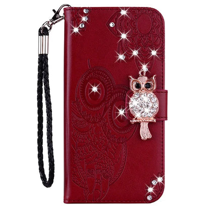 For Samsung Galaxy A05 4G Case Rhinestone Decor Owl Pattern Leather Phone Wallet Cover