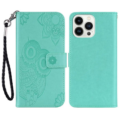 For iPhone 15 Pro Case PU Leather Stand Owl Flower Imprinted Phone Wallet Cover