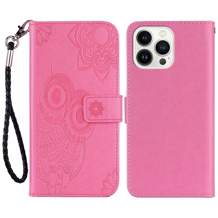 For iPhone 15 Pro Case PU Leather Stand Owl Flower Imprinted Phone Wallet Cover