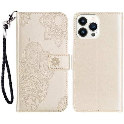 For iPhone 15 Pro Case PU Leather Stand Owl Flower Imprinted Phone Wallet Cover