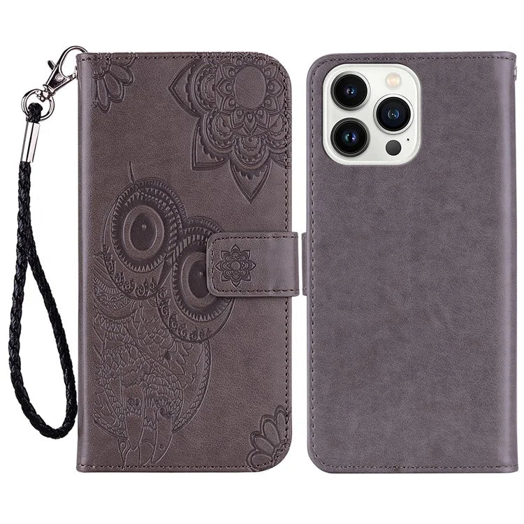 For iPhone 15 Pro Case PU Leather Stand Owl Flower Imprinted Phone Wallet Cover